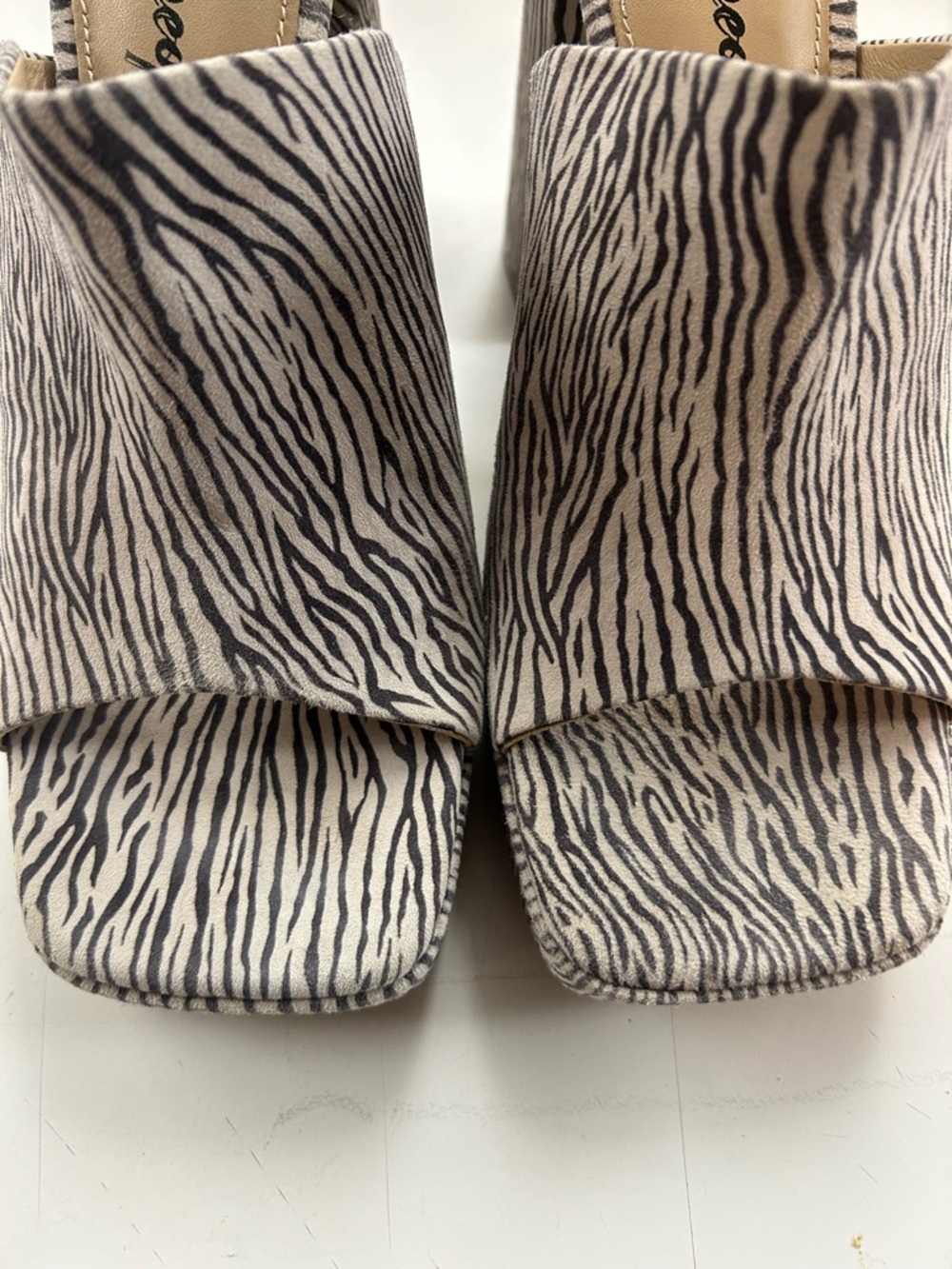 Free People Zebra-Print Open Toe Block Heel Mules in White and Black - Picture 4 of 11